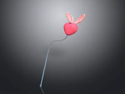 Decorative Pink Heart With Pink Wings On White Slender Stick Against Gray Background 3d model
