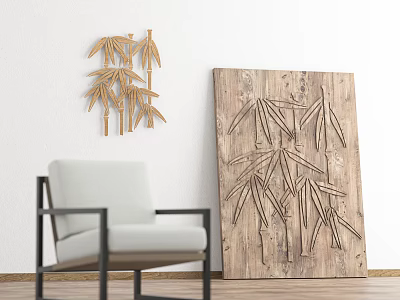 Golden Bamboo Silhouette Wall Decor With Wooden Carving And Accent Chair 3d model