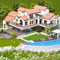 Luxury Villa Garden Landscape With Curved Swimming Pool Palm Trees Lush Lawn And Waterfront View