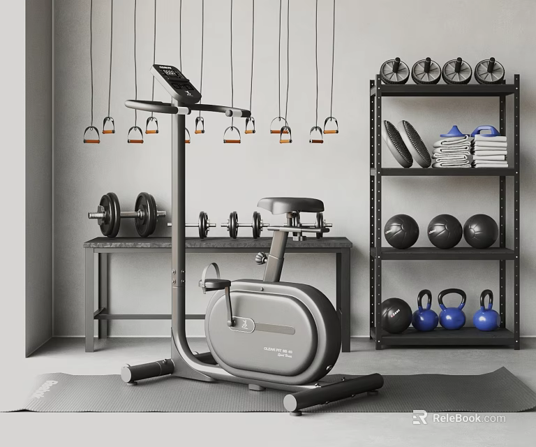 Home Gym Setup With Exercise Bike And Various Fitness Equipment 3d model 