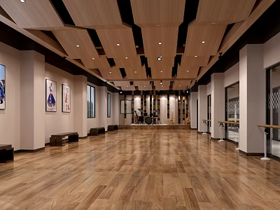 Spacious Fitness Dance Studio With Wooden Flooring Ceiling And Ballet Barres 3d model