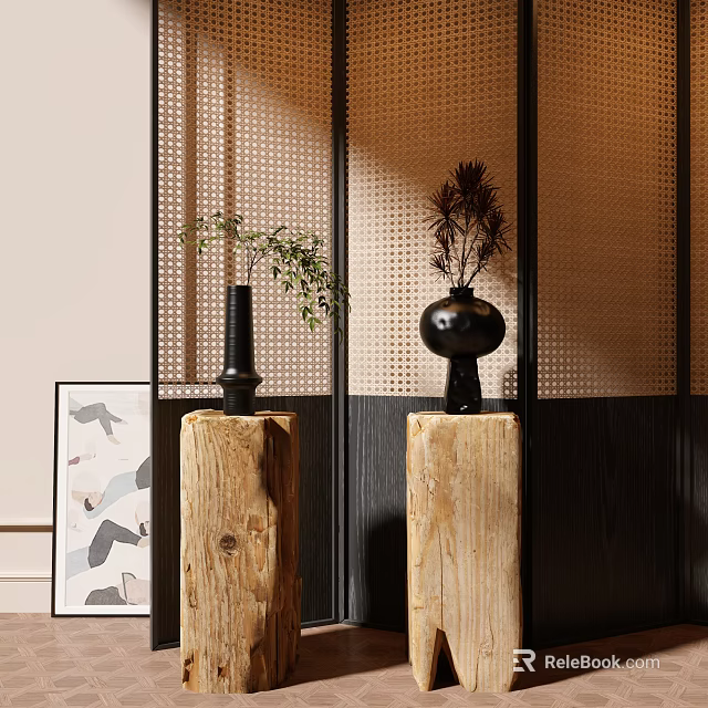 Bonsai Plants In Black Vases On Wooden Pedestals With Perforated Screen Background And Framed Artwork 3d model 