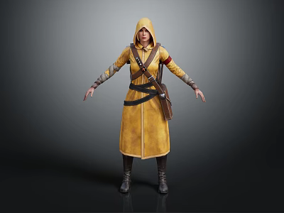 Standing Character In Yellow Hooded Robe With Brown Belt And Leather Backpack 3d model