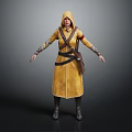 Standing Character In Yellow Hooded Robe With Brown Belt And Leather Backpack