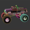 Rugged Off Road Terrain With Black Monster Truck Large Tires And Red Suspension