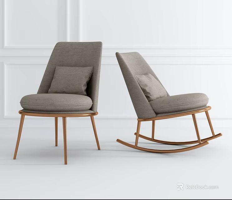 Modern Leisure Chairs With Gray Fabric Cushions And Wooden Legs Including Rocking Design 3d model 