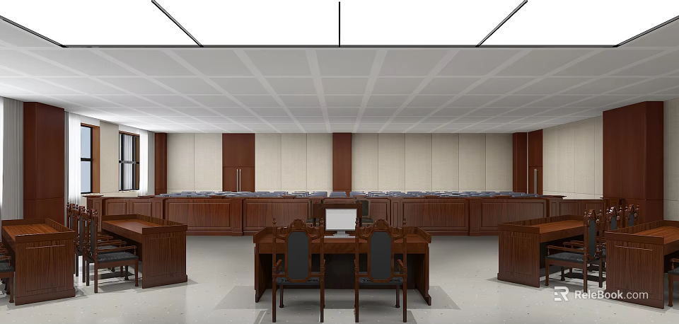 Modern Courtroom Interior With Wooden Furnishings And Layout 3d model 
