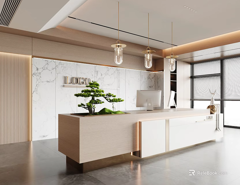Modern Front Desk Reception Area With Marble Wall Pendant Lights Logo And Potted Plant 3d model 