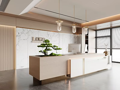 Modern Front Desk Reception Area With Marble Wall Pendant Lights Logo And Potted Plant 3d model