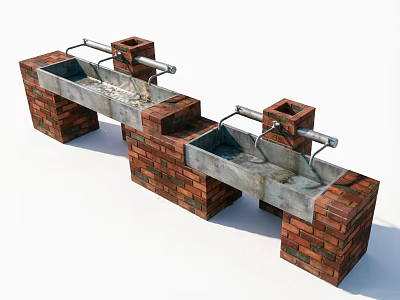 Public Facilities Red Brick Concrete Washbasins With Faucets For Public Use 3d model
