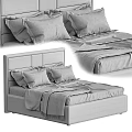 Beige Double Bed With Upholstered Headboard Gray Pillows And Patterned Blanket 3d model