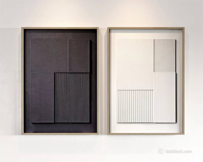 Abstract Black And White Framed Wall Art With Geometric Patterns And Stripes 3d model