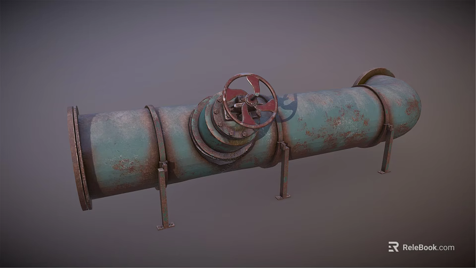 Rusty Green Industrial Pipe with Red Valve and Metal Brackets 3d model