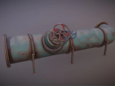 Rusty Green Industrial Pipe with Red Valve and Metal Brackets 3d model