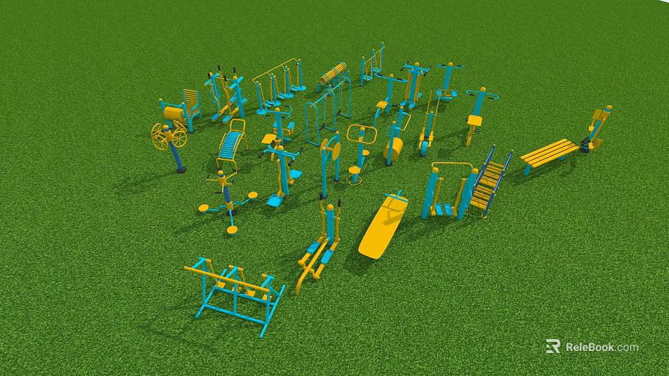 Vibrant Garden Decor Featuring Blue Yellow Fitness Equipment on Green Lawn 3d model 