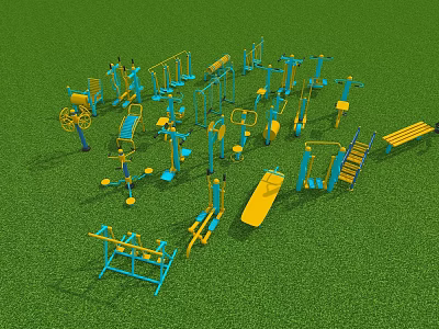 Vibrant Garden Decor Featuring Blue Yellow Fitness Equipment on Green Lawn 3d model