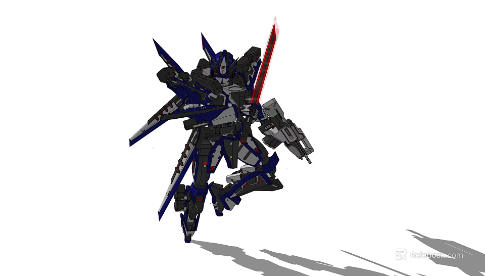 Blue Black Robot With Mechanical Wings Sword And Gun In Dynamic Battle Pose 3d model 