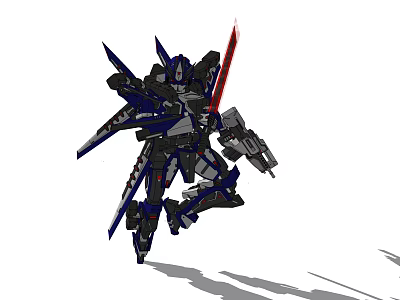 Blue Black Robot With Mechanical Wings Sword And Gun In Dynamic Battle Pose 3d model