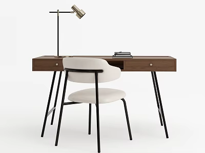 Modern Wooden Desk and White Chair Set with Metal Lamp and Books 3d model
