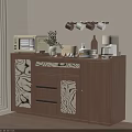 Wooden Sideboard With Marble Patterned Panels Microwave Coffee Machine Mug Holder And Potted Plant