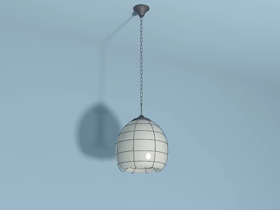 Modern Pendant Light with White Grid Lampshade Hanging from Chain in Blue Room Interior 3d model