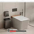 Modern White Toilet with Silver Trash Bin Soap Dispenser Light Walls Glass Shower and Bathroom