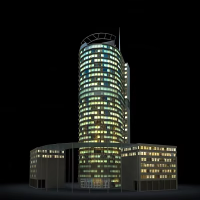 Modern High Rise Tower With Illuminated Windows In Night Urban Landscape 3d model