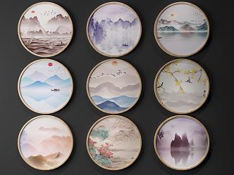 New Chinese Round Frame Painting Zen Landscape Hanging Painting Combination 3d model