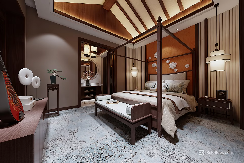 Chinese Style Hotel Guest Room With Four Poster Bed And Traditional Wooden Decor 3d model 