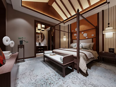 Chinese Style Hotel Guest Room With Four Poster Bed And Traditional Wooden Decor 3d model