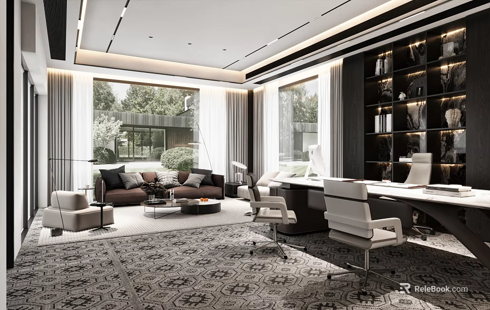 Modern Office Interior With Spacious Layout Large Windows Sofa Area And Workstations 3d model 