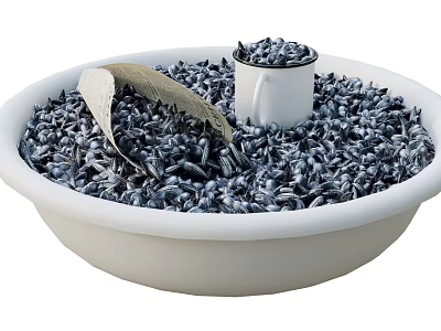 Organic Black Beans in Large White Bowl with Metal Scoop and White Mug 3d model