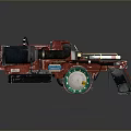 Red Mechanical Weapon With Metallic Structure Black Components And Green Wheels