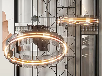 Modern Circular Chandelier With Metal Frame And LED Strip Lights Against Geometric Wall Design 3d model