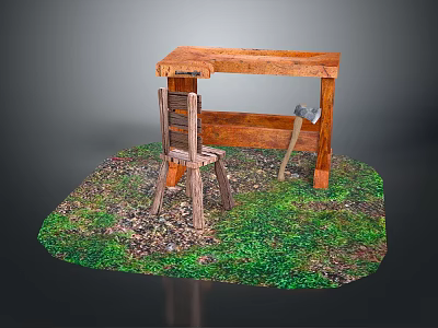 Rustic Outdoor Wooden Workbench With Chair Axe Grass And Gravel Ground 3d model
