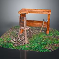 Rustic Outdoor Wooden Workbench With Chair Axe Grass And Gravel Ground