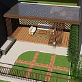 Covered Terrace With Wooden Flooring Sofa Coffee Table Grass Lawn Brick Path Green Plants Railing