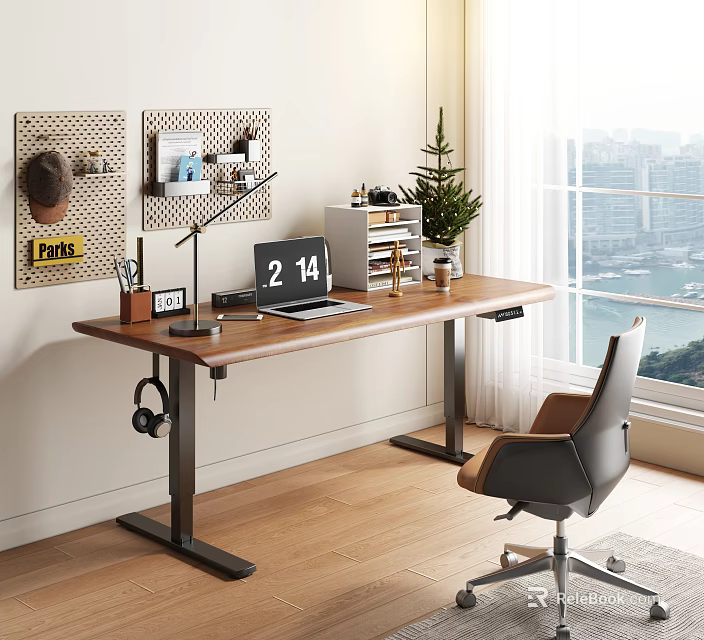 Modern Home Office Desk with Wooden Top Metal Legs Laptop Pegboards and City View 3d model 