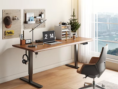 Modern Home Office Desk with Wooden Top Metal Legs Laptop Pegboards and City View 3d model
