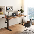 Modern Home Office Desk with Wooden Top Metal Legs Laptop Pegboards and City View