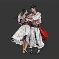 Couple In Traditional Folk Costumes With Red Accents Dancing On Gray Background
