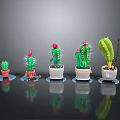 Colorful Potted Cactus Plants Of Various Sizes With Red Blooms And Spines
