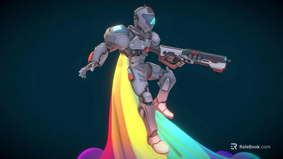 Sci Fi Game Character In Mech Suit Holding Gun With Rainbow Light Below Dark Background 3d model 