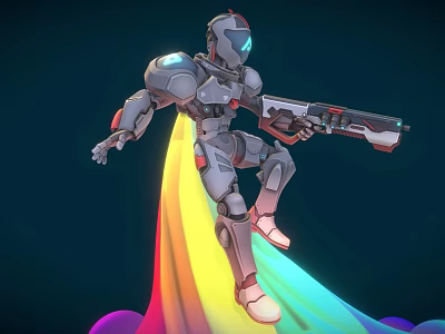 Sci Fi Game Character In Mech Suit Holding Gun With Rainbow Light Below Dark Background 3d model