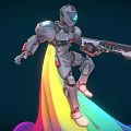 Sci Fi Game Character In Mech Suit Holding Gun With Rainbow Light Below Dark Background