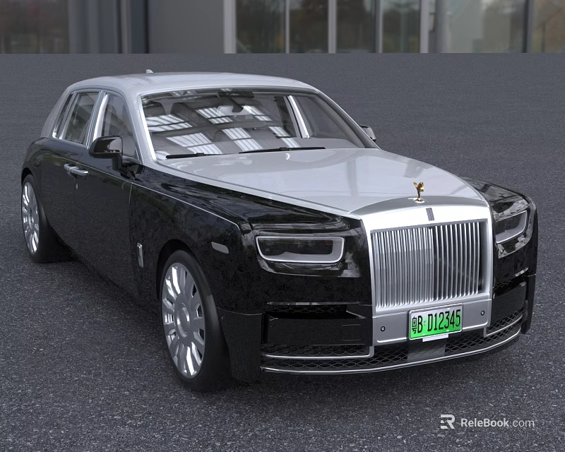 Luxury Rolls Royce Sedan Black Silver with Chrome Front Grille Iconic Emblem Green License Plate 3d model 