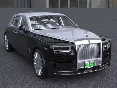 Luxury Rolls Royce Sedan Black Silver with Chrome Front Grille Iconic Emblem Green License Plate 3d model