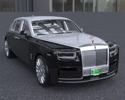 Luxury Rolls Royce Sedan Black Silver with Chrome Front Grille Iconic Emblem Green License Plate 3d model