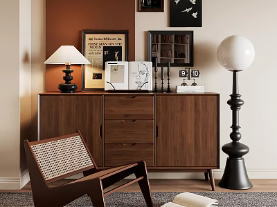 Wooden Entryway Console Cabinet With Chair Table Lamp And Framed Art 3d model