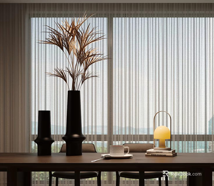 Modern Tabletop Aquatic Plants in Black Vase with Sheer Curtain Window and Sea View 3d model 